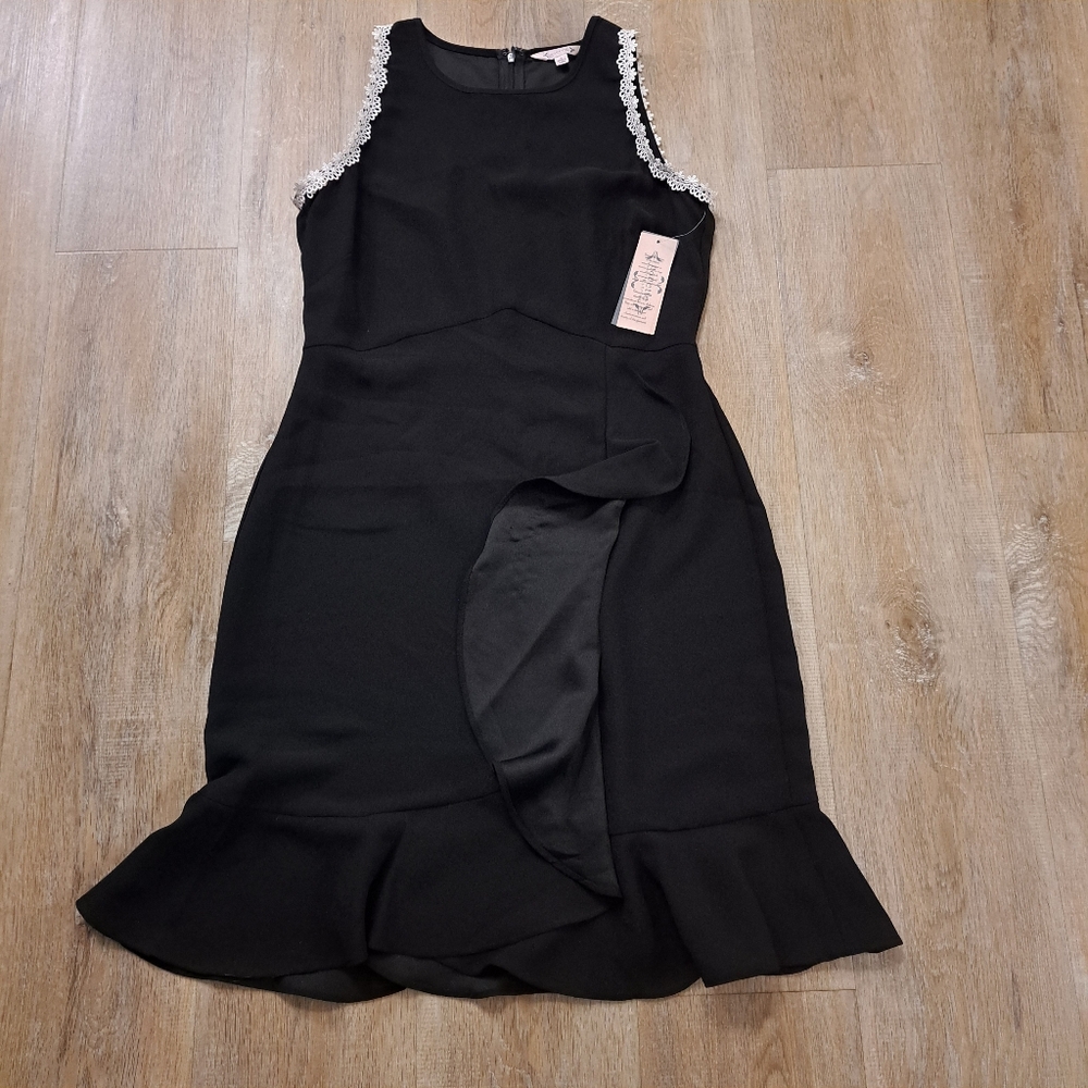 Nanette Lepore Black Ruffle Dress Sleeveless White Lace Trim Women's Size 6 - Picture 6 of 14